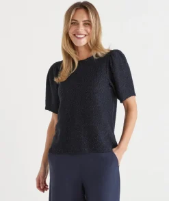 Sussan Tops>Textured Puff Short Sleeve Top - Parchment