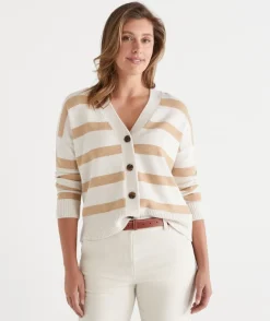 Sussan Knitwear|Knit Cardigans>V Neck Contrast Stripe Cardigan
