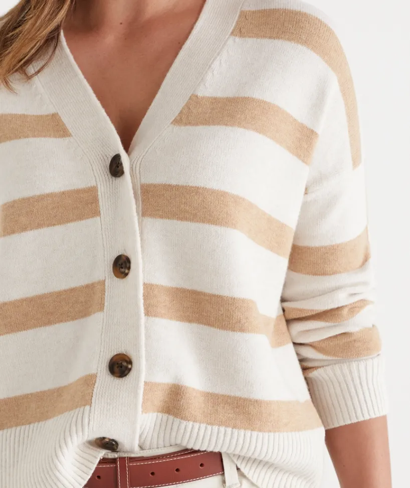 Sussan Knitwear|Knit Cardigans>V Neck Contrast Stripe Cardigan